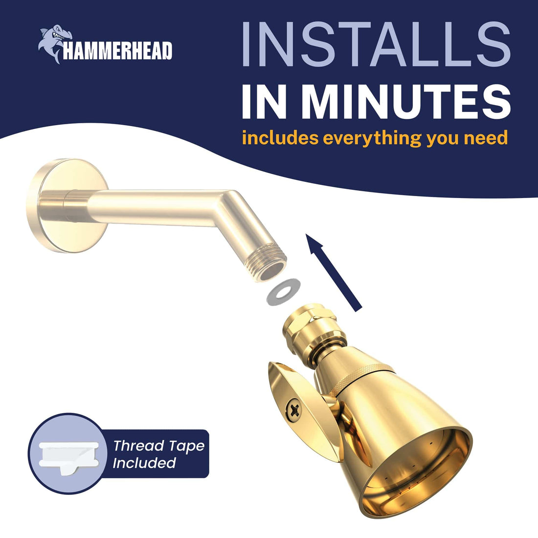 Installation HammerHead Showers 2-Inch Shower Head Polished Brass / 2.5 GPM Polished Brass / 1.75 GPM - The Shower Head Store