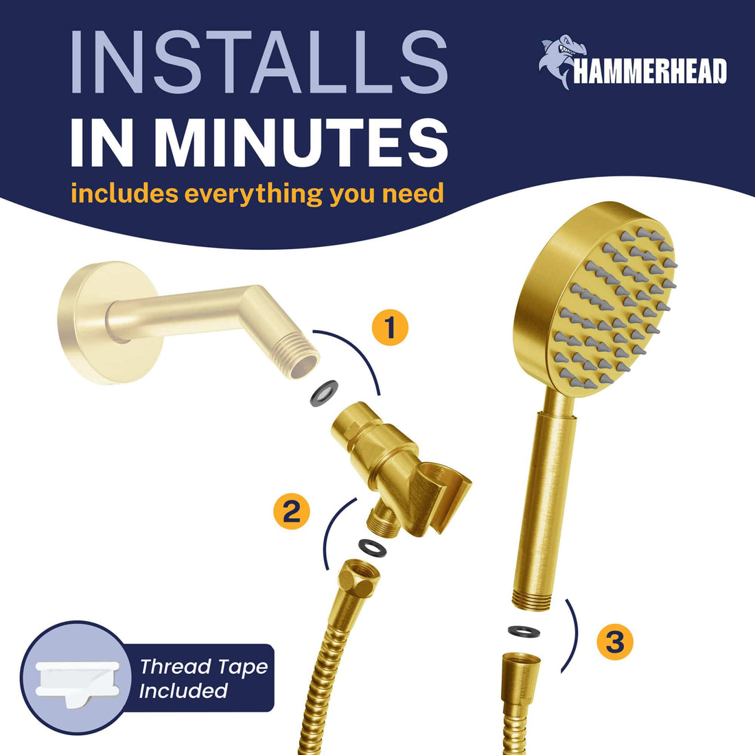 Installation All Metal Handheld Shower Head Set 1-Spray Chrome - The Shower Head Store Brushed Gold / 2.5 GPM Brushed Gold / 1.75 GPM