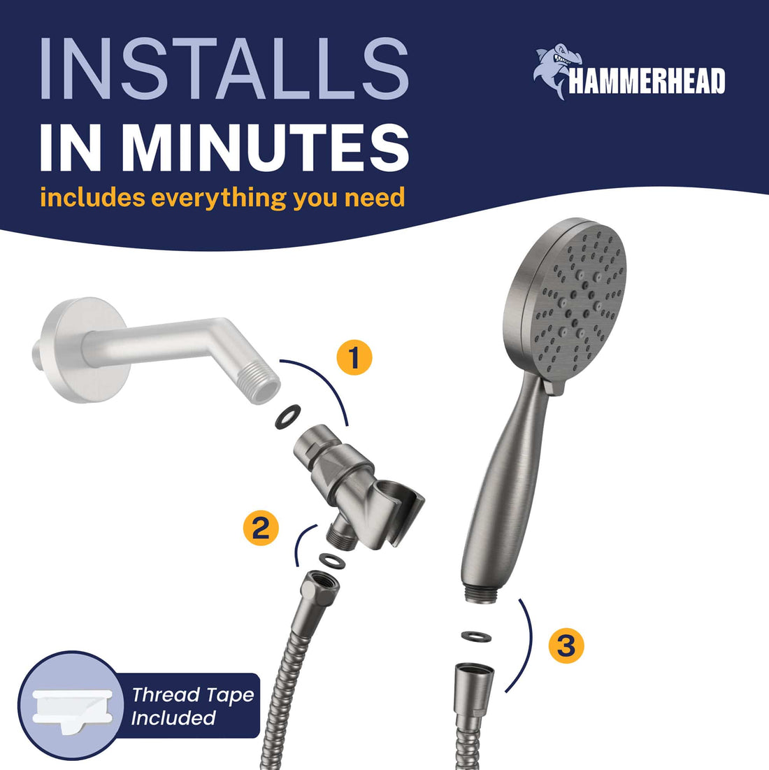 Installs in Minutes 3-Spray Handheld Shower Head Set HammerHead Gray / 2.5 GPM HammerHead Gray / 1.75 GPM - The Shower Head Store