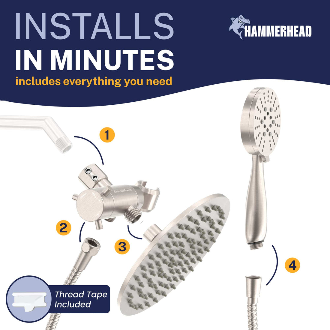 Easy Install All Metal 3-Spray Dual Shower Head Combo Brushed Nickel / 2.5 GPM - The Shower Head Store