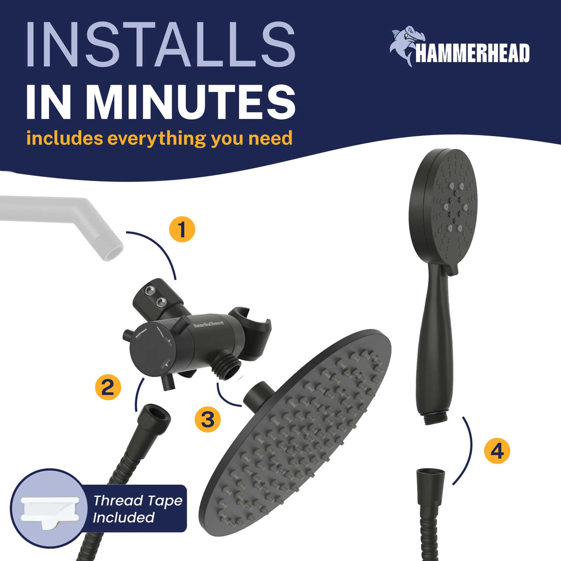 Easy Install 3-Spray Dual Shower Head Combo Matte Black / 2.5 GPM - The Shower Head Store