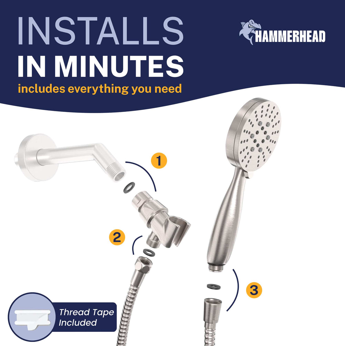 Installation 3-Spray Handheld Shower Head Set Brushed Nickel / 2.5 GPM Brushed Nickel / 1.75 GPM - The Shower Head Store