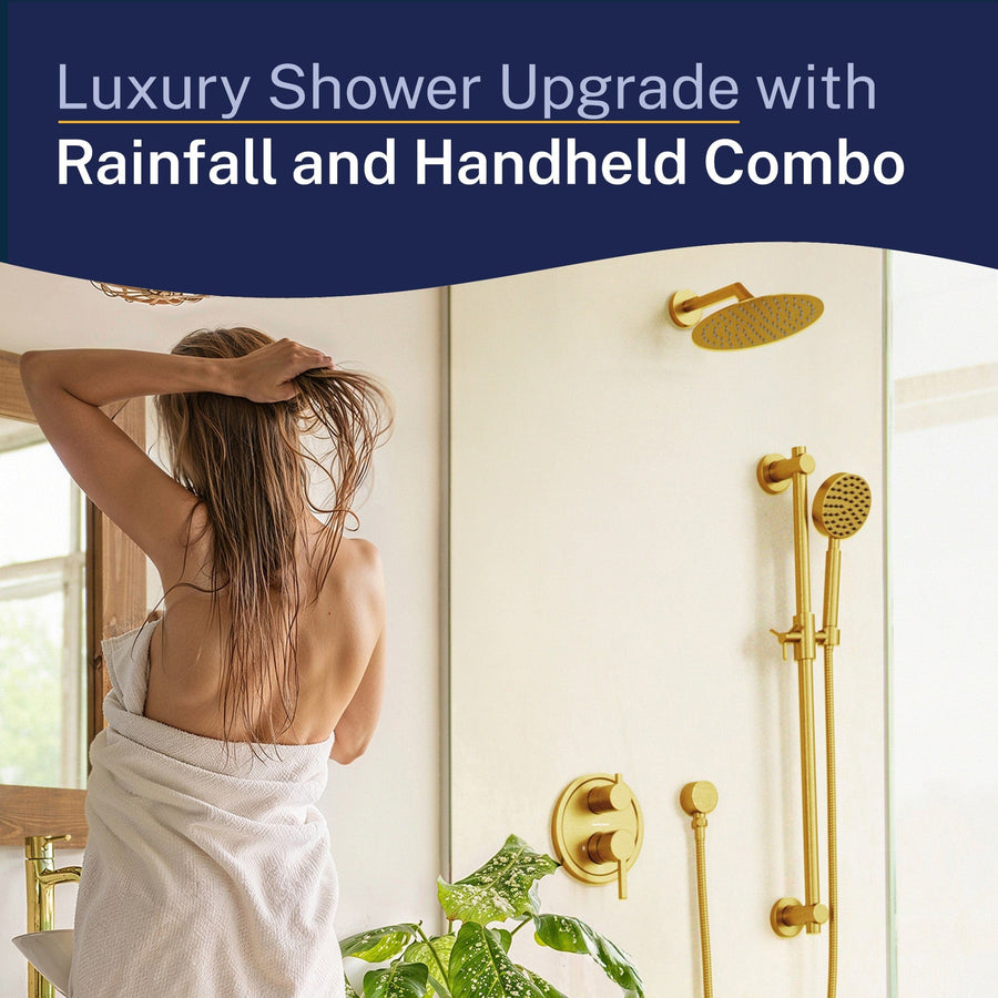 Lifestyle Steve White Bundle - 2H Valve and Trim Slide Bar with 1-Spray and 8-inch Rain Shower Head Brushed Gold  / 2.5 - The Shower Head Store