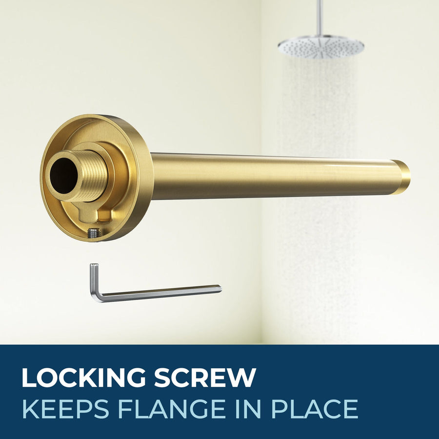 Locking Flange Feature Straight Shower Arm Brushed Gold / 12 Inch - The Shower Head Store