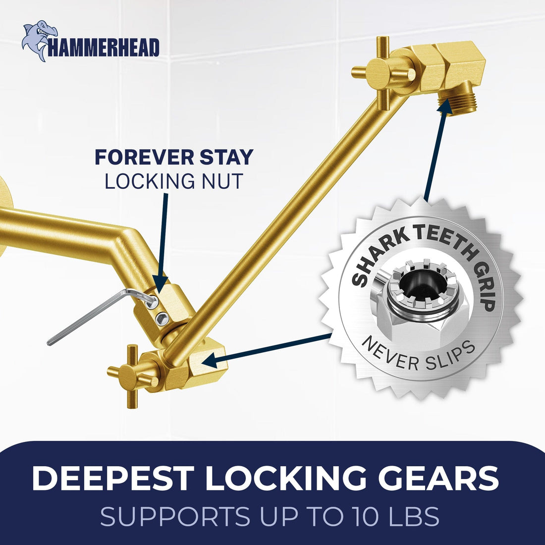 Locking Gears 12 Inch Adjustable Shower Arm Extension 12 Inch / Brushed Gold - The Shower Head Store