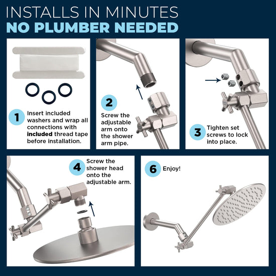 All Metal Adjustable Shower Arm Extension — Raise or Lower Shower Head