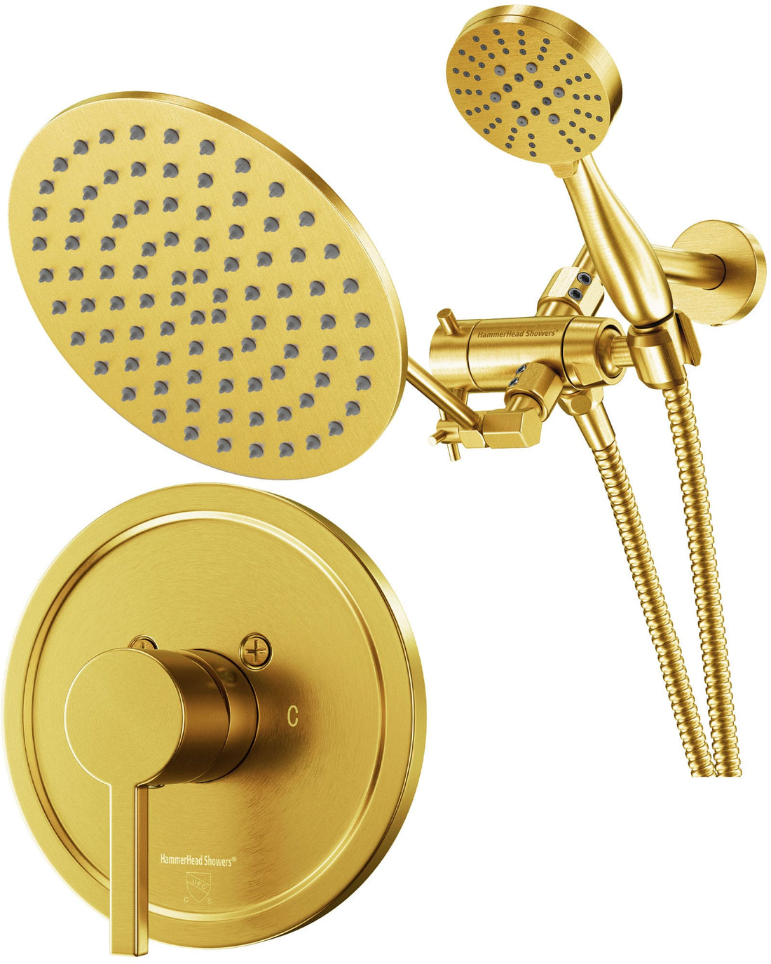 Main Image All Metal Dual Shower Head with Adjustable Arm - Complete Shower System with Valve and Trim Brushed Gold / 2.5 GPM - The Shower Head Store