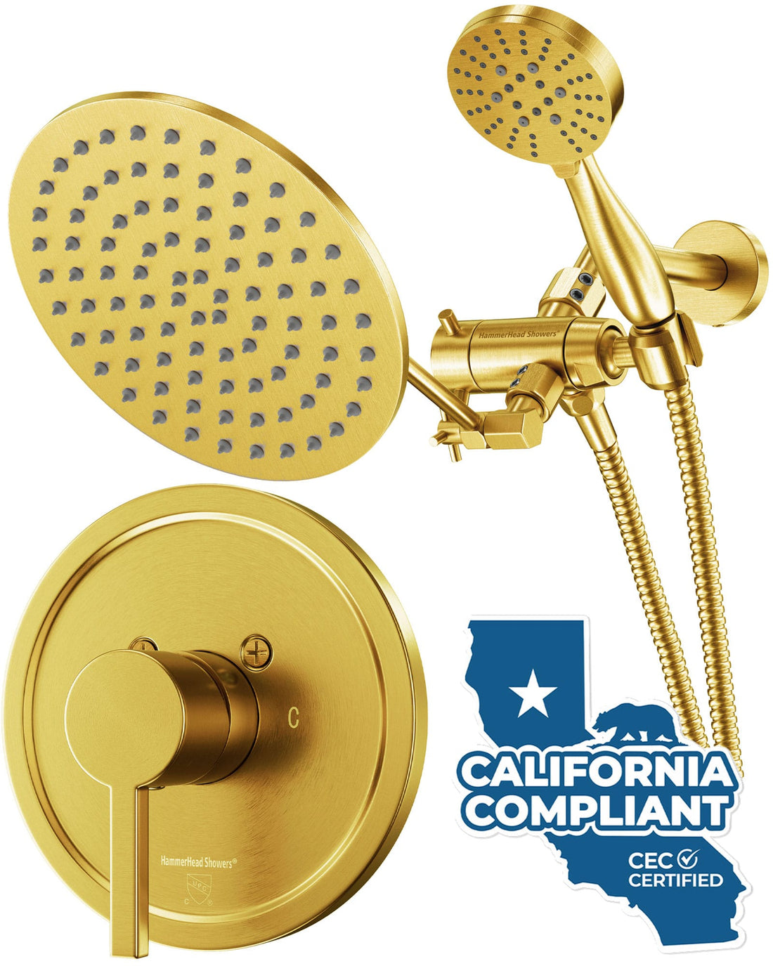 Main Image All Metal Dual Shower Head with Adjustable Arm - Complete Shower System with Valve and Trim Brushed Gold / 1.75 GPM - The Shower Head Store
