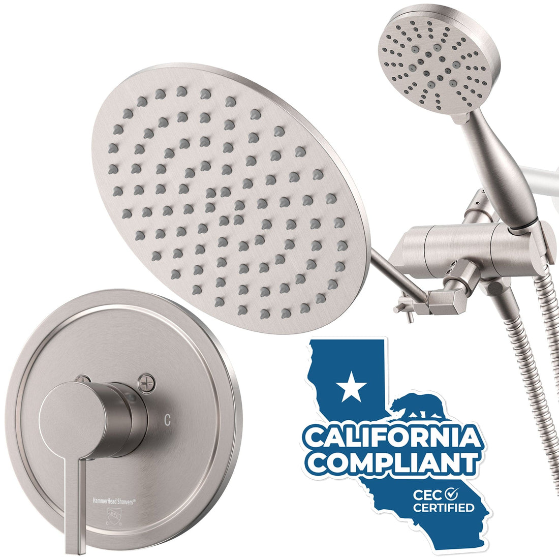 Main Image All Metal Dual Shower Head with Adjustable Arm - Complete Shower System with Valve and Trim Brushed Nickel  / 1.75 - The Shower Head Store