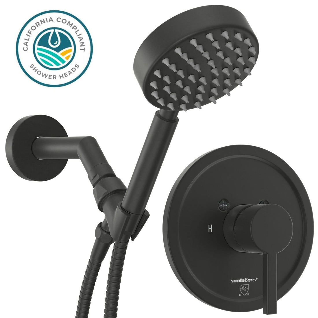 Main Image Valve and Trim, Low Flow 1-Spray Handheld and 7" Shower Arm Matte Black  / 1.75 - The Shower Head Store