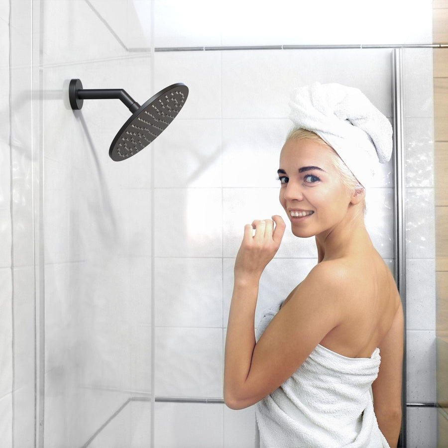 Matte Black Rain Shower Head with Woman Enjoying Shower - The Shower Head Store