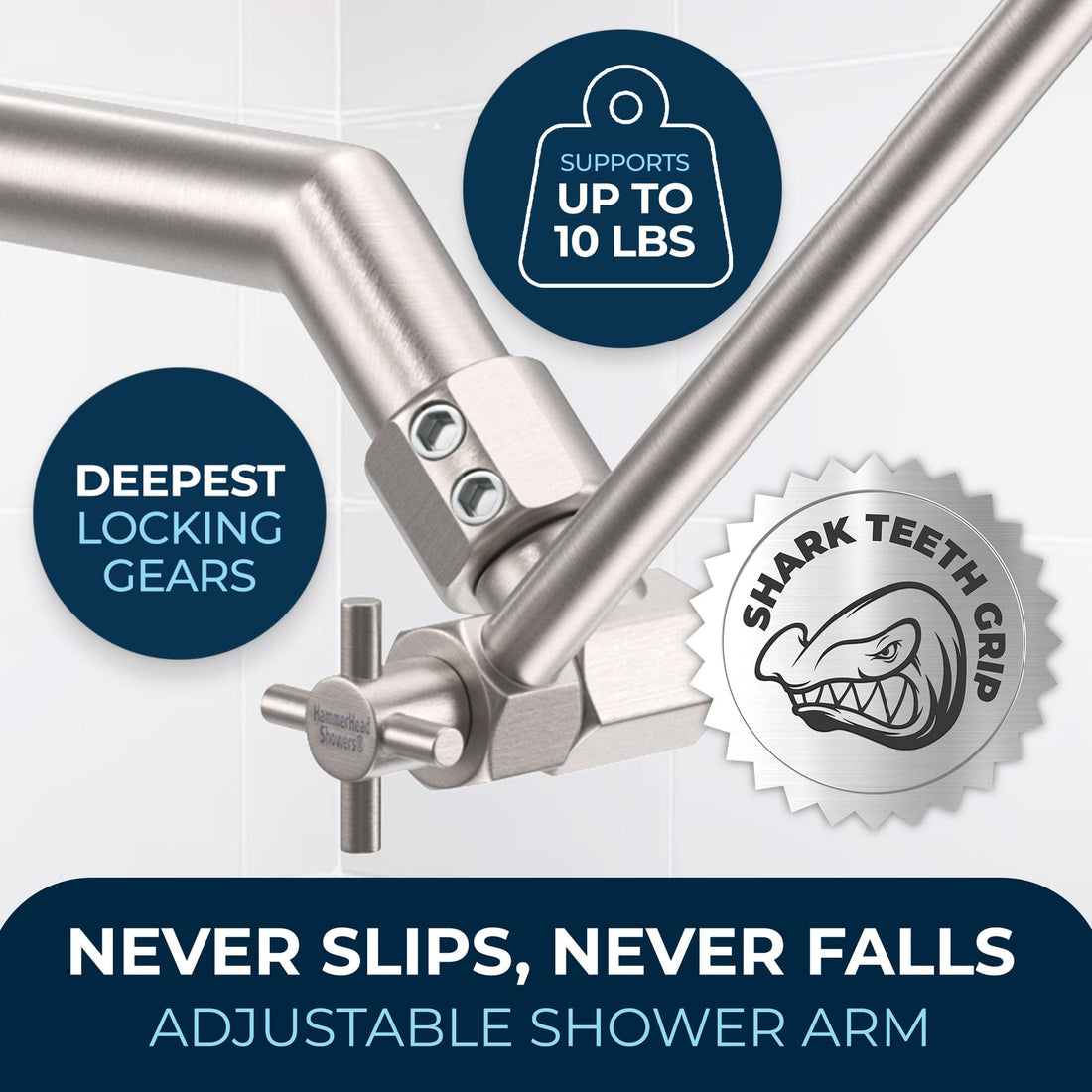 Never Slips Never Fails Adjustable Shower Arm Extension 12 Inch / Brushed Nickel - The Shower Head Store