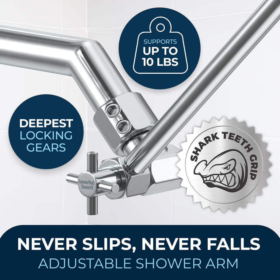 Never Slips Never Fails 12 Inch Adjustable Shower Arm Extension Pipe Raise or Lower Shower Head Height Deepest Locking Gears On The Market Chrome 16 Inch / Chrome - The Shower Head Store