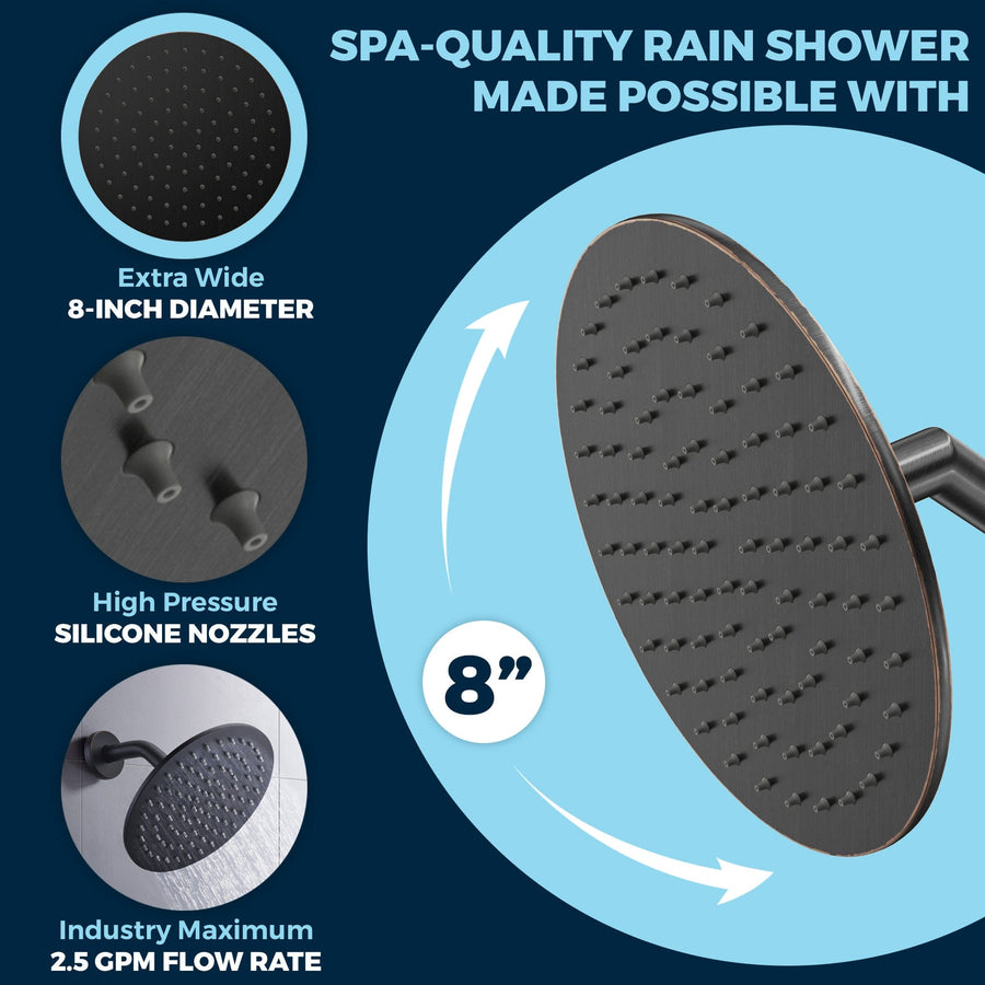 Optimized Pressure - Oil Rubbed Bronze - ALL METAL 8 Inch Rainfall Shower Head - Shower Head Rainfall - 2.5 GPM High Flow Shower Head Optimized for Pressure – Large Round Rain Shower Heads - Wall, Overhead, or Ceiling Mount - The Shower Head Store