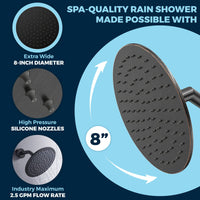 Optimized Pressure Brushed Nickel ALL METAL 8 Inch Rainfall Shower Head - Shower Head Rainfall - 2.5 GPM High Flow Shower Head Optimized for Pressure – Large Round Rain Shower Heads - Wall, Overhead, or Ceiling Mount Matte Black / 12 Inch - The Shower Head Store