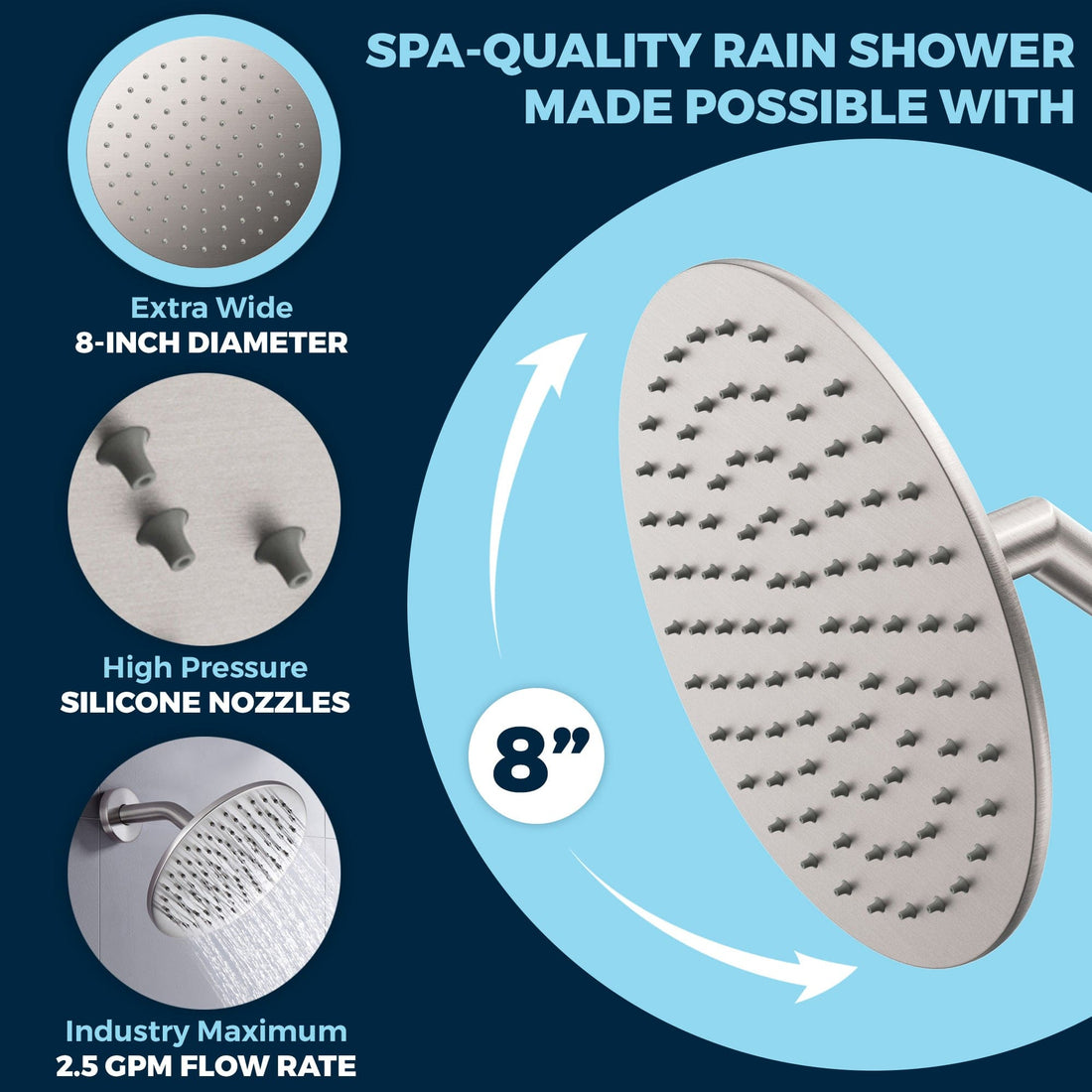Optimized Pressure Brushed Nickel ALL METAL 8 Inch Rainfall Shower Head - Shower Head Rainfall - 2.5 GPM High Flow Shower Head Optimized for Pressure – Large Round Rain Shower Heads - Wall, Overhead, or Ceiling Mount - The Shower Head Store