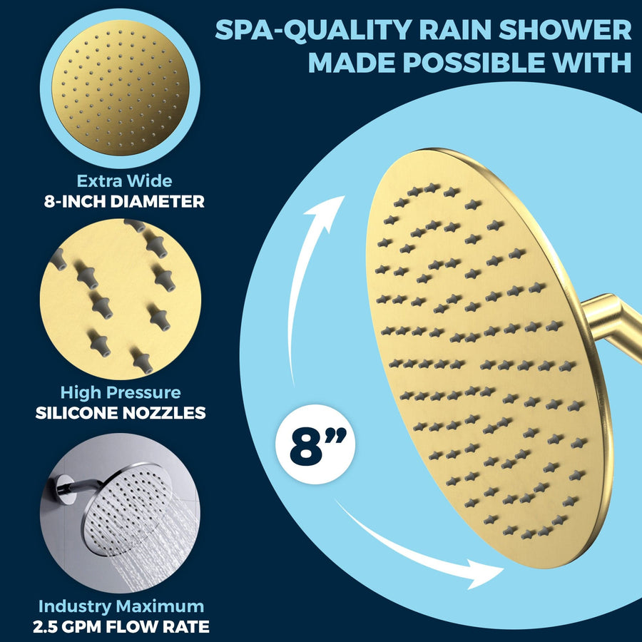 Features Metal 8 Inch Rain Shower Head Rainfall Showerhead Brushed Gold - The Shower Head Store
