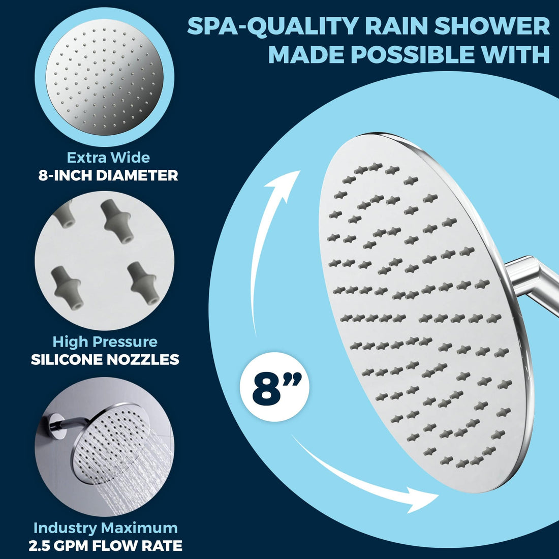 Optimized Pressure Brushed Nickel ALL METAL 8 Inch Rainfall Shower Head - Shower Head Rainfall - 2.5 GPM High Flow Shower Head Optimized for Pressure – Large Round Rain Shower Heads - Wall, Overhead, or Ceiling Mount Chrome / 16 Inch - The Shower Head Store