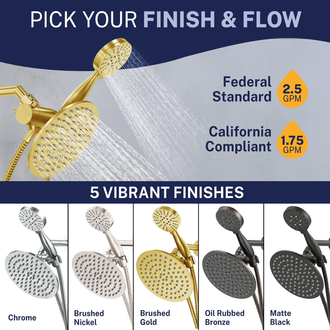 Finish All Metal 3-Spray Dual Shower Head Combo Brushed Gold / 2.5 GPM - The Shower Head Store