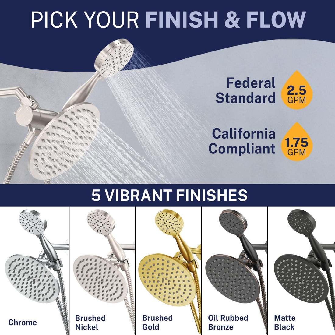 Finish All Metal 3-Spray Dual Shower Head Combo Brushed Nickel / 2.5 GPM - The Shower Head Store