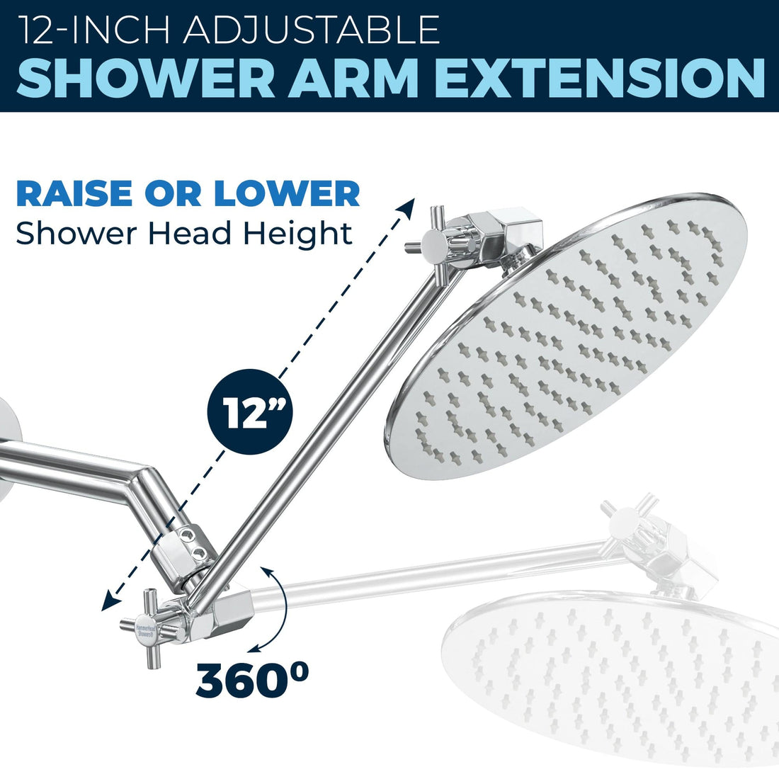 (Raise or Lower Height) Adjust Shower Head Height with Shower Arm Extender Extension Arm Chrome 12 Inch / Chrome - The Shower Head Store