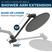 12 Inch Adjustable Shower Arm Extension Pipe Raise or Lower Shower Head Height Easy Installation 12 Inch / Matte Black - The Shower Head Store