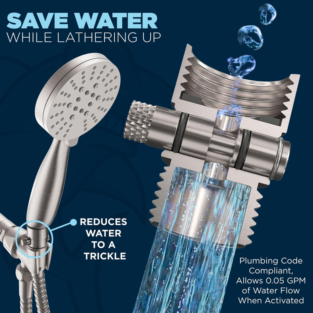 (Reduce Flow To Trickle) HammerHead Showers ALL METAL Water Flow Control Valve for Shower Head - Brass Push-Button Shower Shut Off Valve Reduces Flow to a Trickle - Plumbing Code Compliant Brushed Nickel - The Shower Head Store