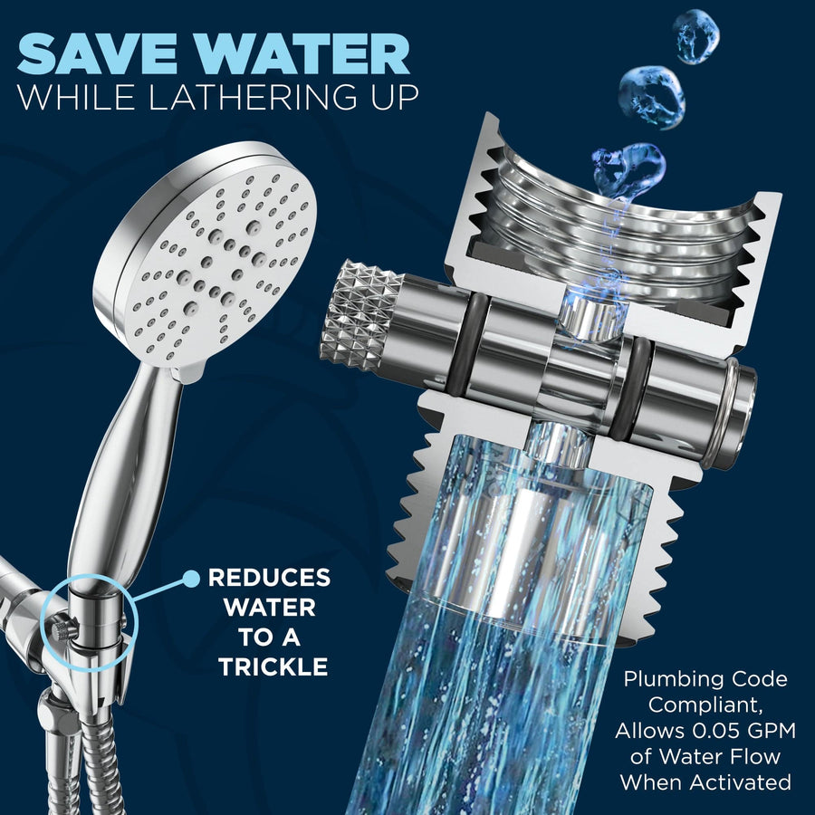 (Reduce Flow To Trickle) HammerHead Showers ALL METAL Water Flow Control Valve for Shower Head - Brass Push-Button Shower Shut Off Valve Reduces Flow to a Trickle - Plumbing Code Compliant Chrome - The Shower Head Store