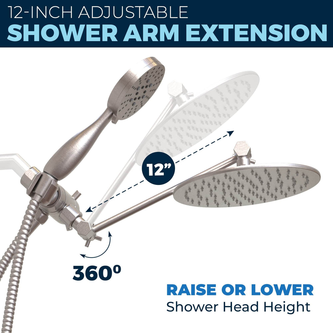 Adjustable Shower Arm Extension All Metal Dual Shower Head with Adjustable Arm - Complete Shower System with Valve and Trim Brushed Nickel  / 1.75 - The Shower Head Store