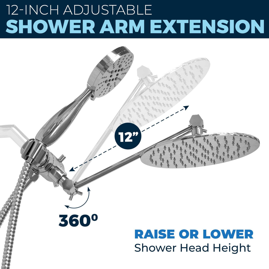 Adjustable Shower Arm Extension All Metal Dual Shower Head with Adjustable Arm - Complete Shower System with Valve and Trim Chrome / 2.5 - The Shower Head Store