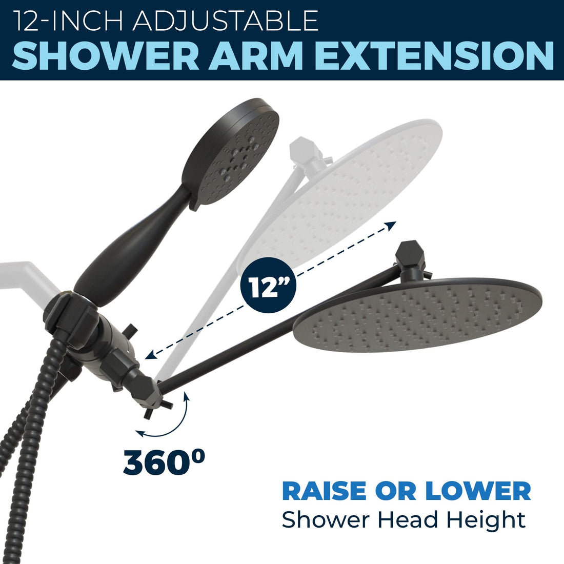 Adjustable Shower Arm Extension All Metal Dual Shower Head with Adjustable Arm - Complete Shower System with Valve and Trim Matte Black  / 2.5 - The Shower Head Store