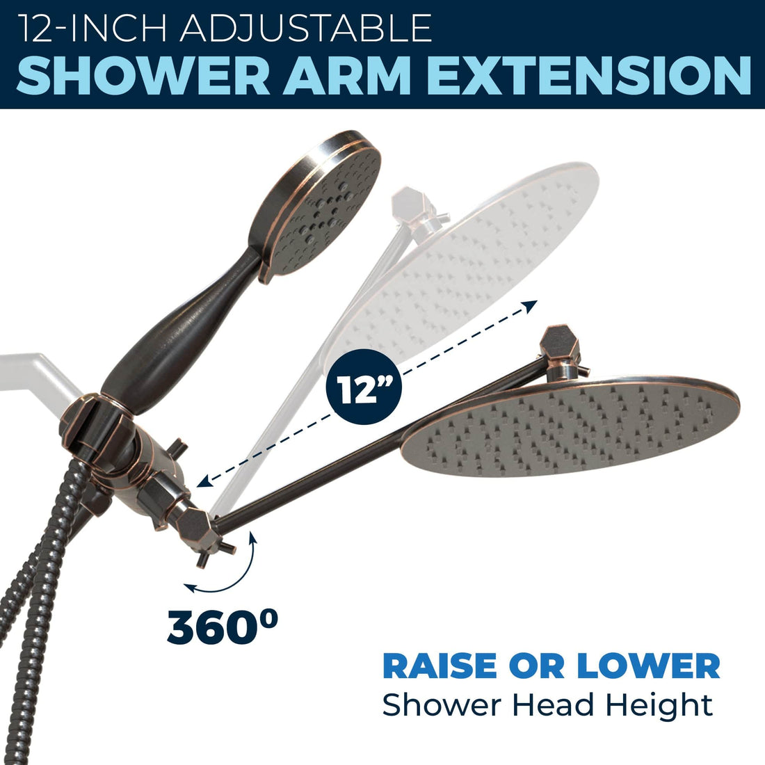 Adjustable Shower Arm Extension All Metal Dual Shower Head with Adjustable Arm - Complete Shower System with Valve and Trim Oil Rubbed Bronze  / 2.5 - The Shower Head Store