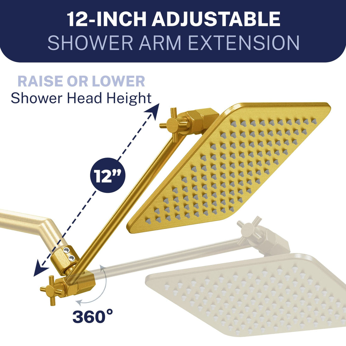 Shower Arm Extension Square Dual Shower Head Set Brushed Gold  / 2.5 - The Shower Head Store