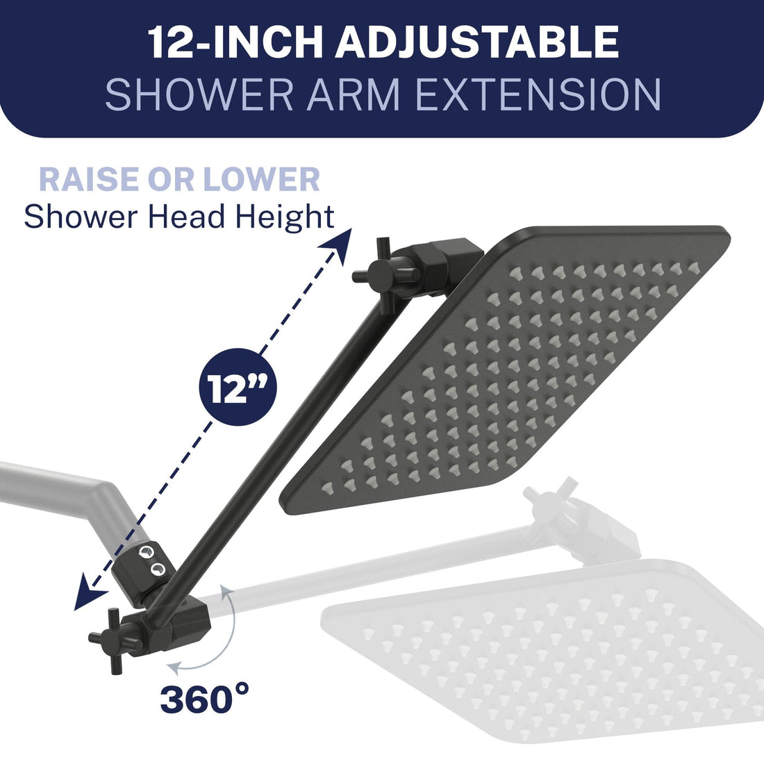 Shower Arm Extension Square Dual Shower Head Set Matte Black  / 2.5 - The Shower Head Store