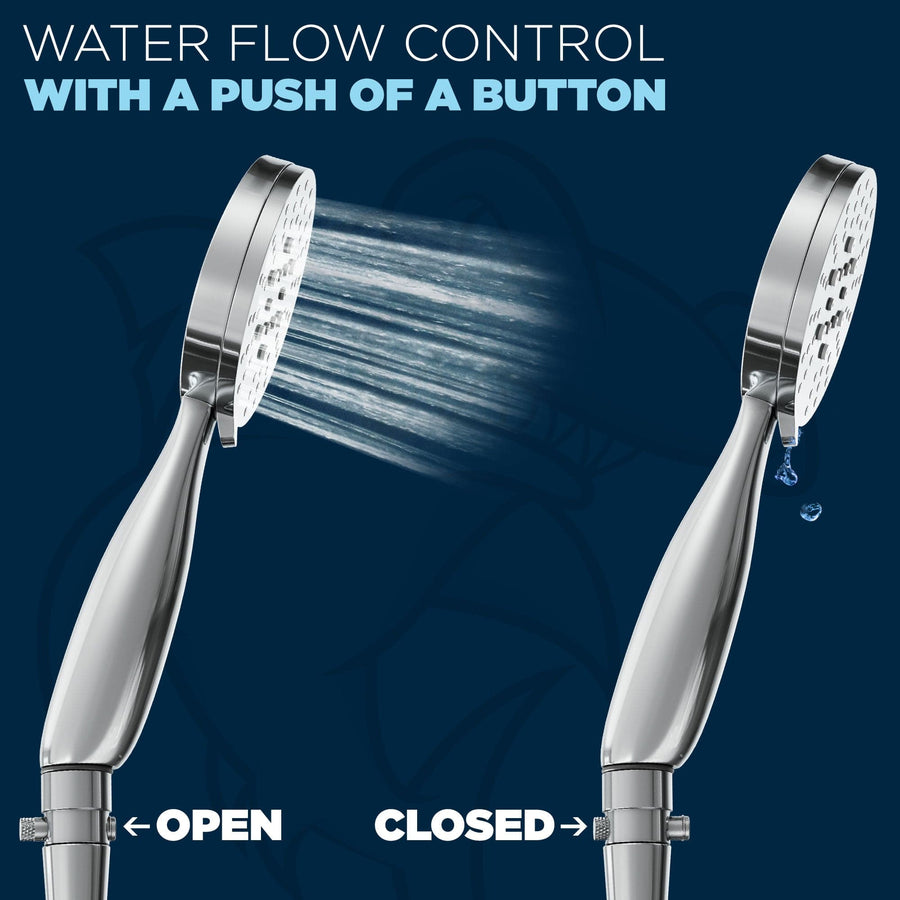 (Shut Off Shower Head) HammerHead Showers ALL METAL Water Flow Control Valve for Shower Head - Brass Push-Button Shower Shut Off Valve Reduces Flow to a Trickle - Plumbing Code Compliant Chrome - The Shower Head Store