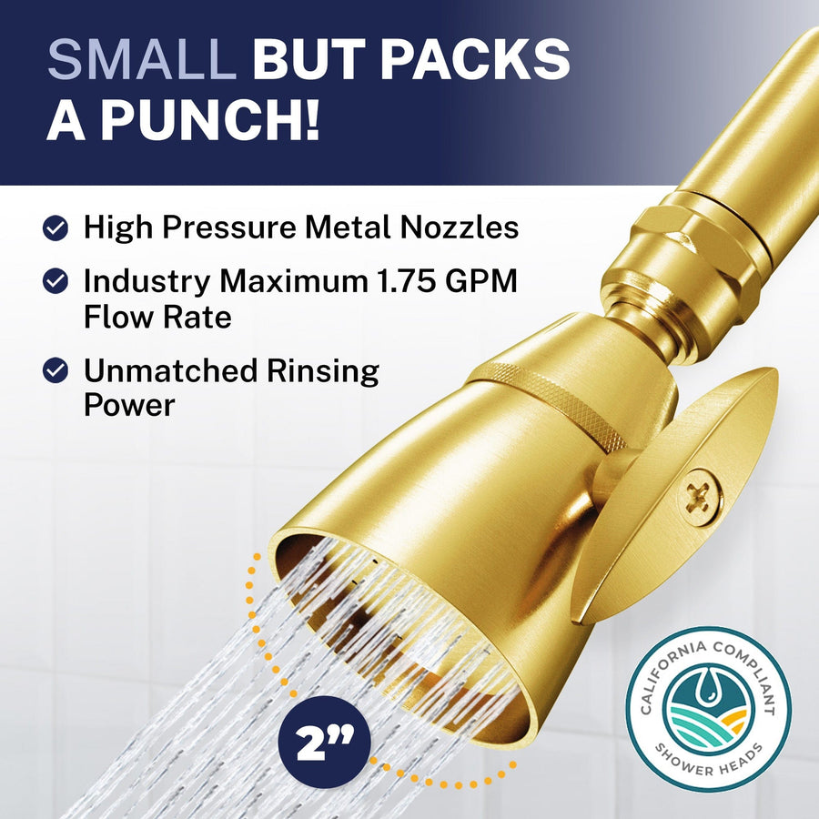 Packs a Punch California Compliant Low Flow HammerHead Showers 2-Inch Shower Head Brushed Gold / 1.75 - The Shower Head Store