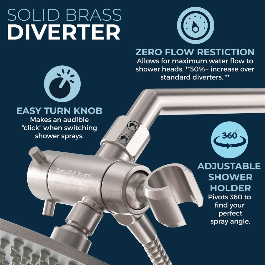 Solid Brass Diverter All Metal Dual Shower Head with Adjustable Arm - Complete Shower System with Valve and Trim Brushed Nickel  / 2.5 - The Shower Head Store