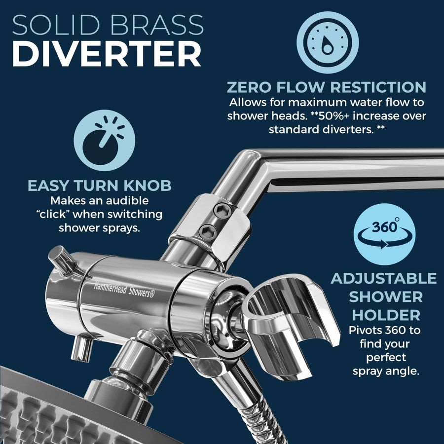 Solid Brass Diverter All Metal Dual Shower Head with Adjustable Arm - Complete Shower System with Valve and Trim Chrome / 2.5 - The Shower Head Store
