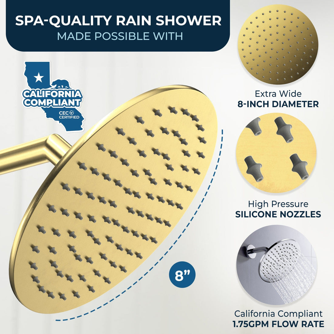 Spa Quality 8 Inch Round Rain Shower Head Brushed Gold  / 2.5 - The Shower Head Store