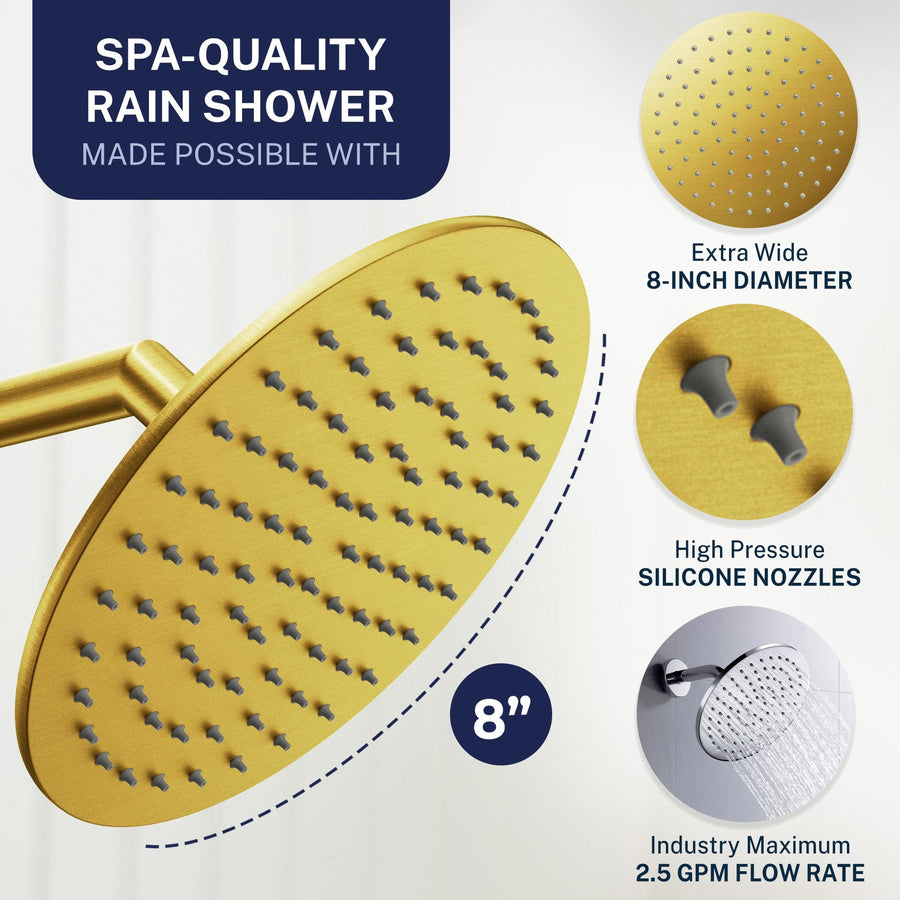 Spa Quality Steve White Bundle - 2H Valve and Trim Slide Bar with 1-Spray and 8-inch Rain Shower Head Brushed Gold  / 2.5 - The Shower Head Store