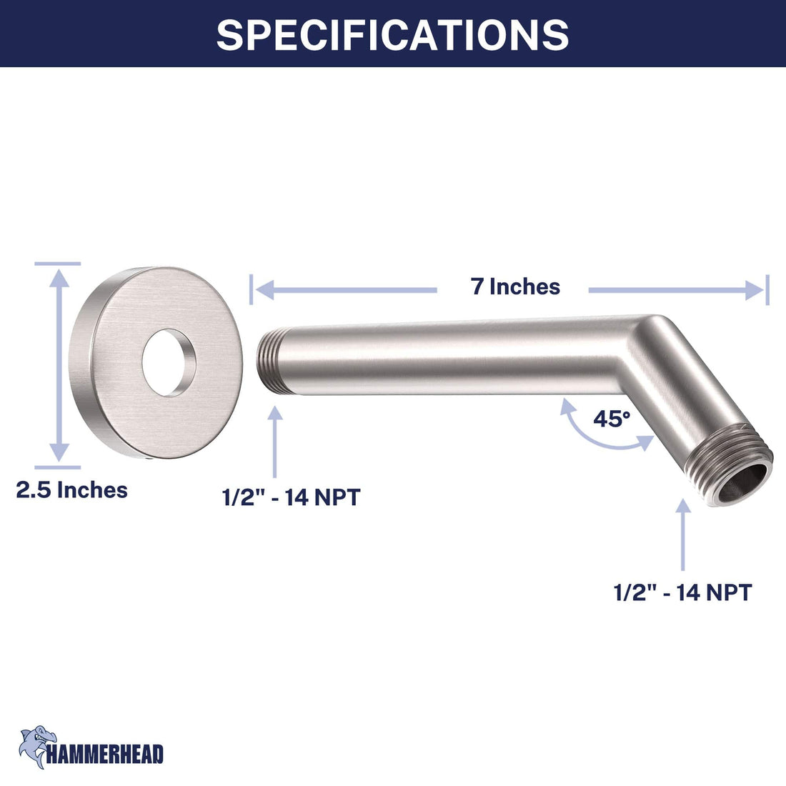 Dimensions All Metal 7" Shower Arm Brushed Nickel  - The Shower Head Store