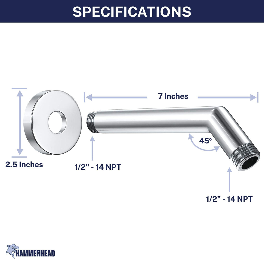 Dimensions All Metal 7" Shower Arm Chrome - The Shower Head Store