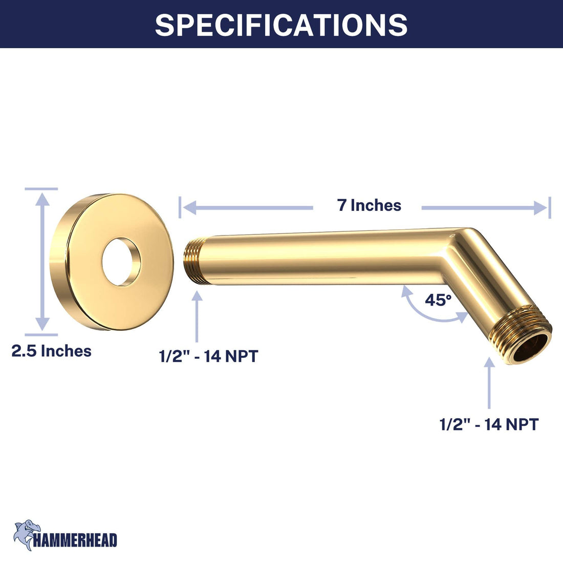 Dimensions All Metal 7" Shower Arm Polished Brass  - The Shower Head Store