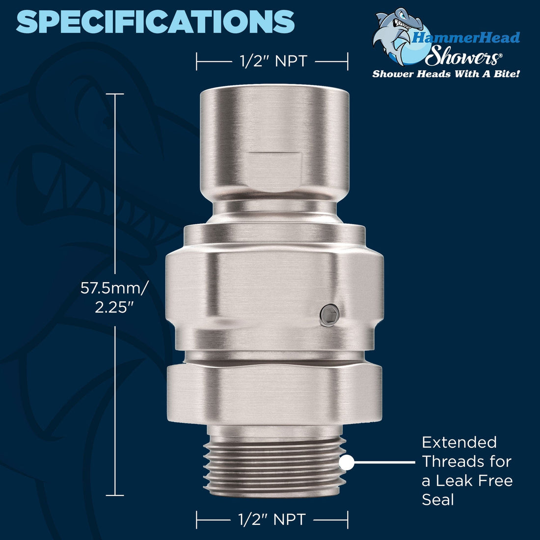 Specifications of Swivel Adapter with Extended Threads for a Leak Free Seal HammerHead Showers Brushed Nickel - The Shower Head Store
