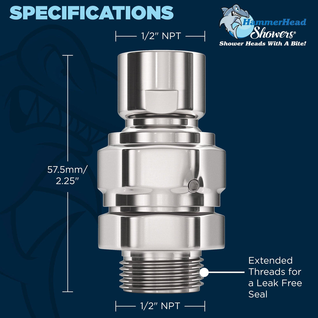 Specifications of Swivel Adapter with Extended Threads for a Leak Free Seal HammerHead Showers Chrome - The Shower Head Store