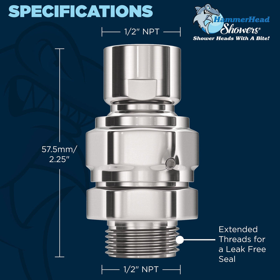 Specifications of Swivel Adapter with Extended Threads for a Leak Free Seal HammerHead Showers Chrome - The Shower Head Store