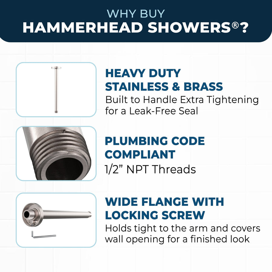 Superior Quality Straight Shower Arm Brushed Nickel / 12 Inch - The Shower Head Store