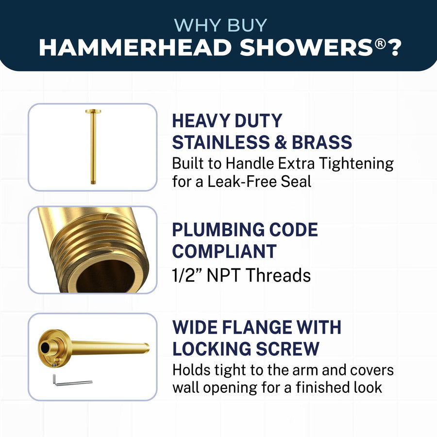 Superior Quality Straight Shower Arm Brushed Gold / 12 Inch - The Shower Head Store