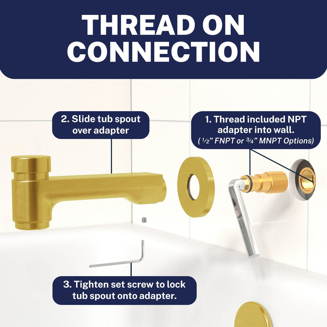 Thread On Spring Loaded Tub Spout Brushed Gold - The Shower Head Store