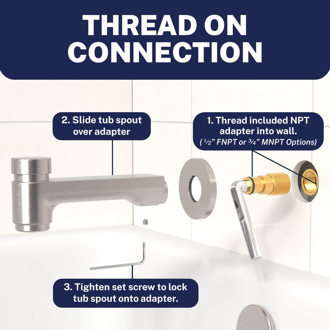 Thread On Spring Loaded Tub Spout Brushed Nickel - The Shower Head Store